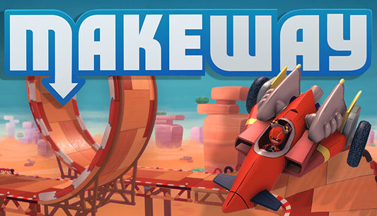Official cover art for the racing game Make Way featuring a colorful, top-down view of toy-like cars on a modular track.