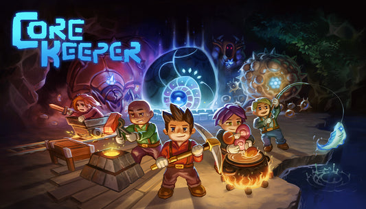 Official cover art for Core Keeper featuring a character exploring a subterranean world with pickaxes and glowing crystals.