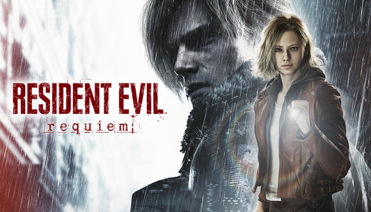 Official Resident Evil Requiem cover art showing a dark, rainy split composition of veteran Leon Kennedy and Grace Ashcroft.