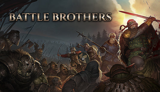 Official cover art for the strategy RPG Battle Brothers featuring medieval mercenaries in a dark fantasy setting.