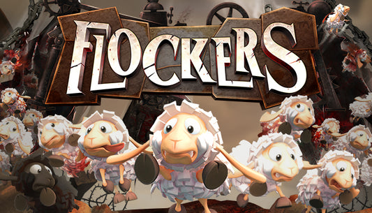 Official cover art for the strategy puzzle game Flockers by Team17, showcasing a dark steampunk-inspired theme.