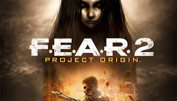 Official cover art for the horror shooter F.E.A.R. 2: Project Origin featuring a character's face with a glowing eye.