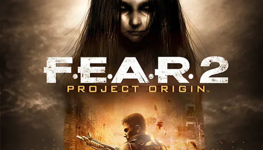 Official cover art for the horror shooter F.E.A.R. 2: Project Origin featuring a character's face with a glowing eye.