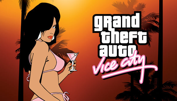 Official cover art for Grand Theft Auto: Vice City featuring a neon 1980s aesthetic and various character illustrations.