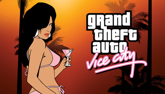 Official cover art for Grand Theft Auto: Vice City featuring a neon 1980s aesthetic and various character illustrations.