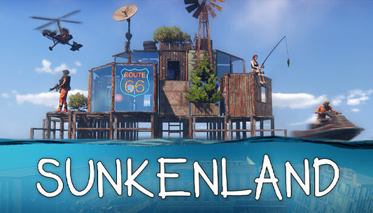 Sunkenland official cover art featuring a character overlooking a post-apocalyptic submerged city landscape.