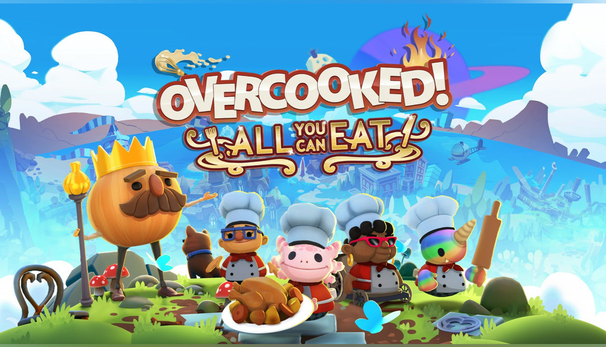 Bright cover art for Overcooked! All You Can Eat showing the Onion King, a dog, and four quirky chefs standing behind a cooked turkey in a vibrant, chaotic cartoon landscape.