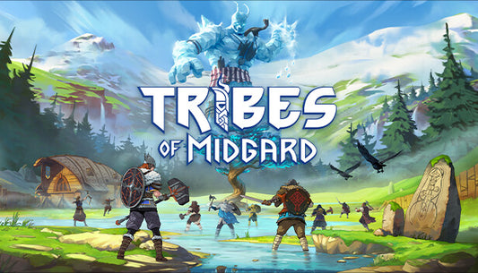Stylized promotional art for Tribes of Midgard featuring a Viking warrior facing a giant in a colorful, hand-drawn Norse realm.