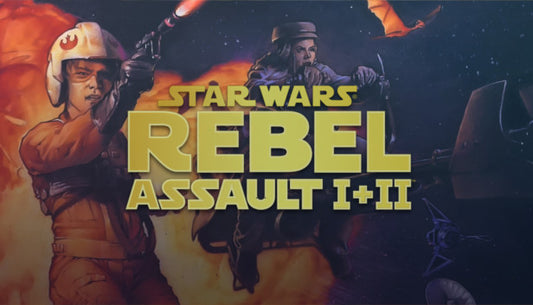 Official cover art for the Star Wars: Rebel Assault I + II bundle featuring a pilot and iconic space combat scenes.