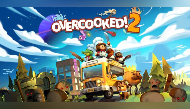 Cover art for Overcooked! 2 showing four quirky cartoon chefs and a dog riding on top of a yellow food truck surrounded by glowing-eyed zombie toast in a spooky landscape.