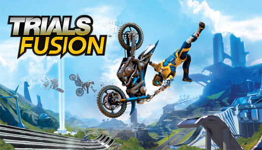 Official cover art for the physics-based racing game Trials Fusion featuring a rider performing a stunt on a motocross bike.