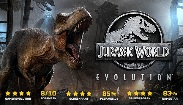 Official cover art for the simulation game Jurassic World Evolution featuring a prehistoric landscape with dinosaurs.