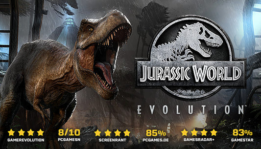 Official cover art for the simulation game Jurassic World Evolution featuring a prehistoric landscape with dinosaurs.