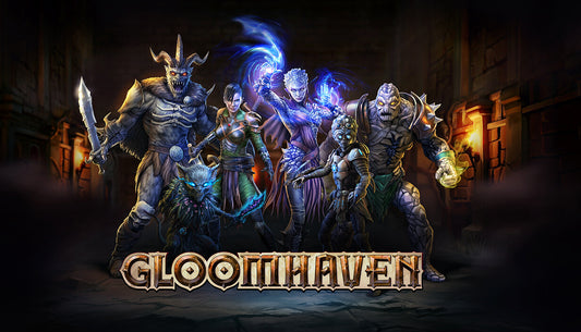 Official cover art for the tactical RPG Gloomhaven showing a group of adventurers exploring a dark dungeon.