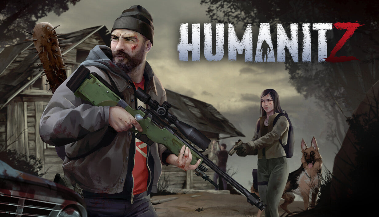 Cover art for the open-world zombie survival game HumanitZ featuring a character holding a rifle with a woman and dog in a post-apocalyptic setting.
