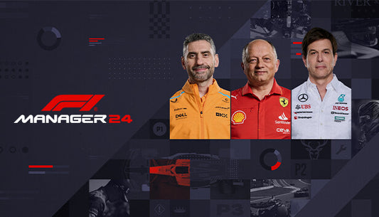 Official cover art for F1 Manager 2024 featuring Formula 1 cars racing on a track with a digital data overlay.