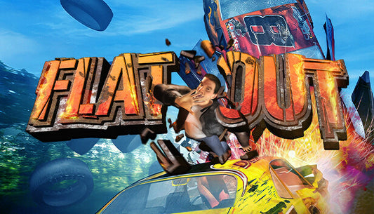 Official cover art for the racing game FlatOut featuring a high-speed collision and car destruction.