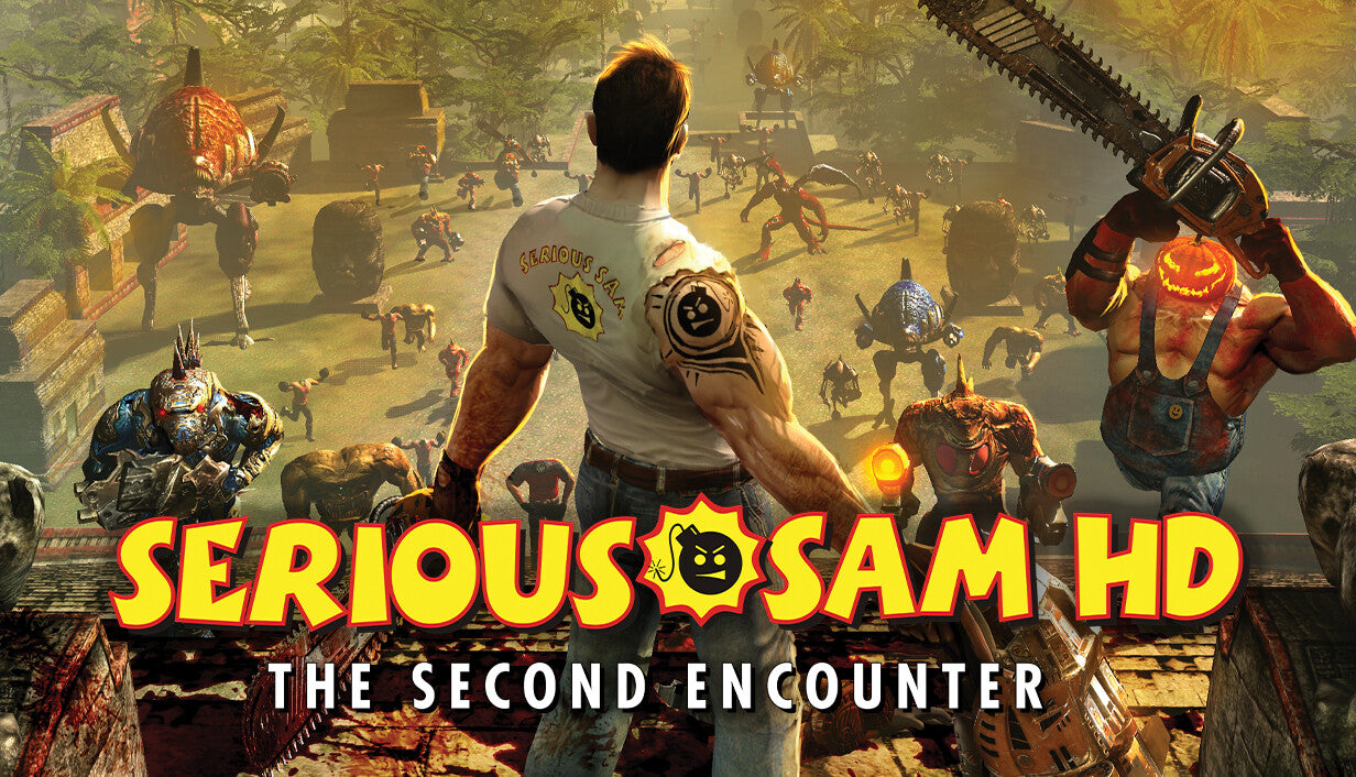 Action-packed cover art for Serious Sam HD: The Second Encounter showing Sam viewed from behind, facing a massive swarm of bizarre alien monsters at an ancient jungle pyramid.