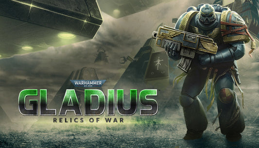 Official cover art for Warhammer 40,000: Gladius - Relics of War featuring four faction warriors in a dark, war-torn setting.