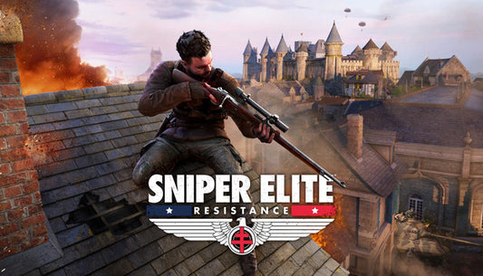 Cover art for Sniper Elite: Resistance, showing a rugged sniper sitting on a rooftop aiming his rifle, overlooking a war-torn European town complete with a distant chateau, an exploding building, a tank on the street, and paratroopers dropping from the sky.