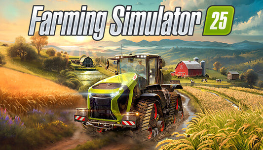 Official cover art for the simulation game Farming Simulator 25 featuring a modern red tractor in a lush green field.