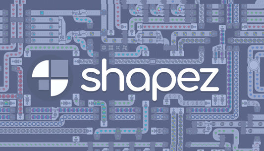 Minimalist geometric art for the automation game shapez showing various gray and white shapes on a dark grid background.