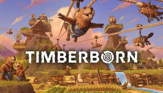 Official cover art for the city builder game Timberborn featuring a beaver against a natural landscape.