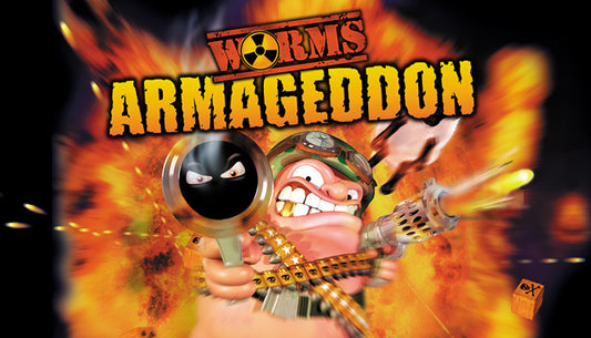 Official cover art for Worms Armageddon featuring a cartoonish pink worm wearing a Rambo-style headband and holding a grenade.