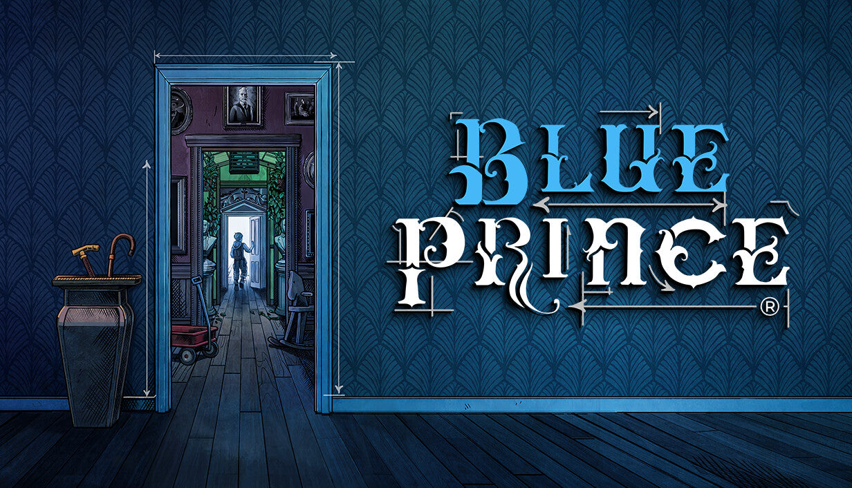 Official cover art for the puzzle adventure game Blue Prince featuring a mysterious architectural interior.
