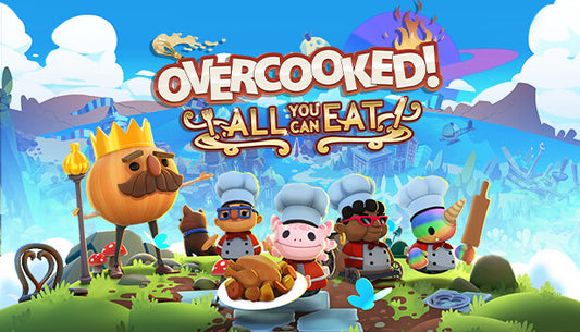 Official cover art for Overcooked! All You Can Eat featuring various chefs preparing food in a chaotic kitchen setting.