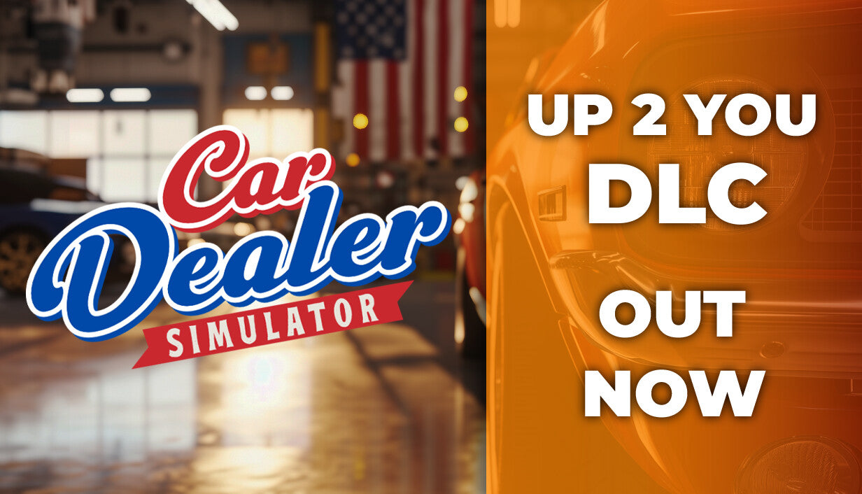 Cover at for Car Dealer Simulator split into two sections. The left side shows the game logo over a blurred garage interior with an American flag. The right side features a vibrant orange close-up of a classic car's front end with bold white text reading UP 2 YOU DLC OUT NOW.