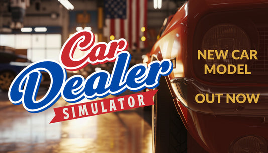 Official cover art for Car Dealer Simulator featuring a car being inspected in a garage with a city skyline background.