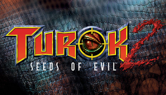 Official cover art for the action game Turok 2: Seeds of Evil featuring a futuristic warrior and a dinosaur.