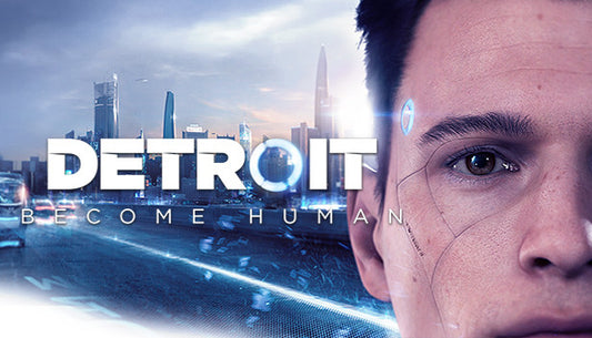 Official cover art for Detroit: Become Human featuring a close-up of an android's face with futuristic blue lighting.