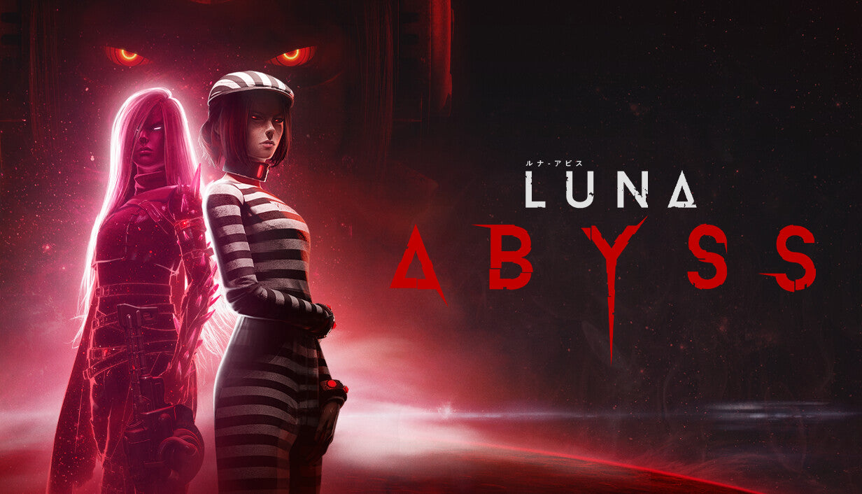 Cover art for Luna Abyss, featuring a red-glowing humanoid and a woman in a striped prison uniform standing against a dark red backdrop with an ominous pair of glowing eyes looming in the sky.