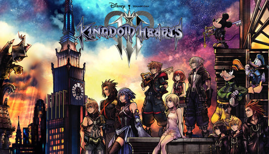 Official cover art for Kingdom Hearts III + Re Mind featuring Sora and the main cast against a twilight Shibuya skyline.
