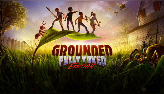 Official cover art for the survival game Grounded featuring characters shrunk to the size of insects in a backyard.