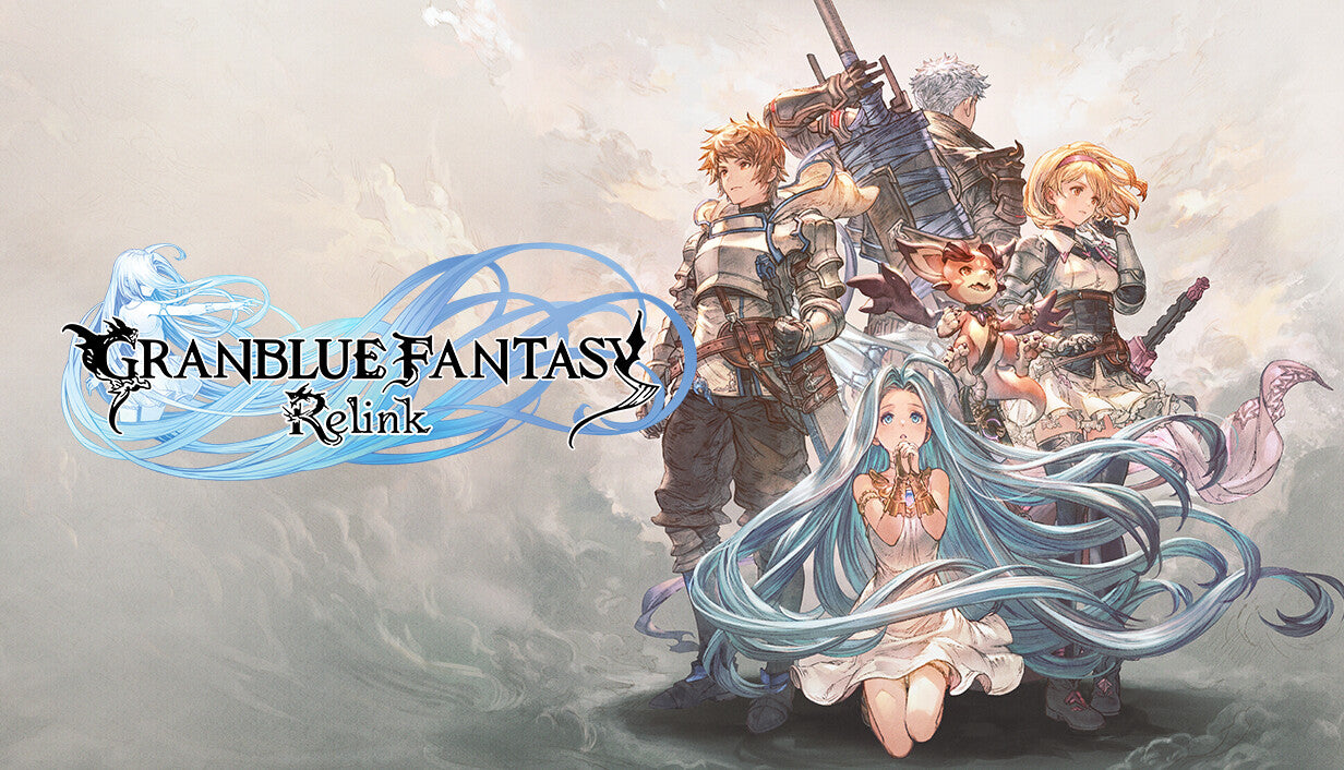 Official cover art for the action RPG Granblue Fantasy: Relink featuring a group of skyfarers against a blue sky.
