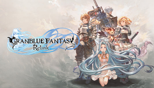 Official cover art for the action RPG Granblue Fantasy: Relink featuring a group of skyfarers against a blue sky.