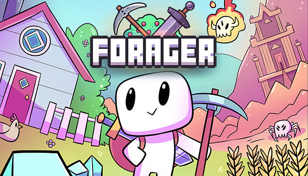 Official cover art for the game Forager featuring a cute white character with a pickaxe in a colorful pixel art world.