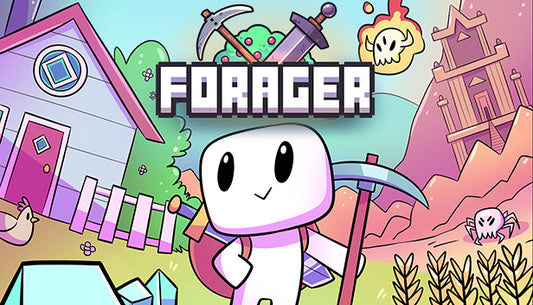Official cover art for the game Forager featuring a cute white character with a pickaxe in a colorful pixel art world.