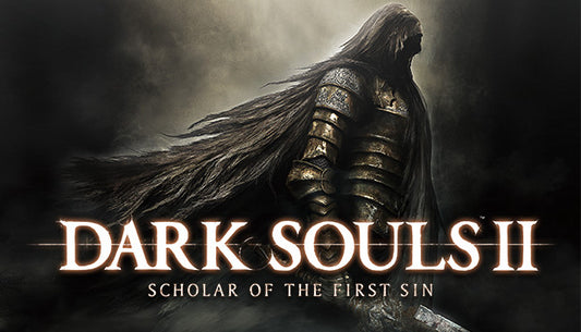 Official cover art for DARK SOULS II: Scholar of the First Sin featuring a knight in dark armor facing away.