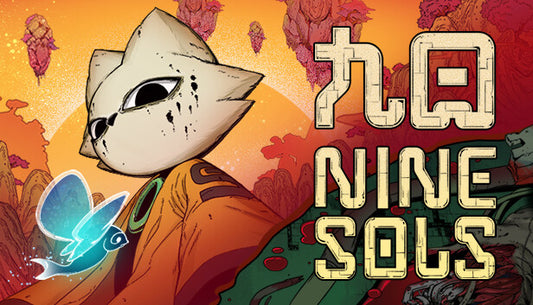 Stylized hand-drawn illustration for the 2D Metroidvania Nine Sols showing a protagonist in a sci-fi cyberpunk setting.