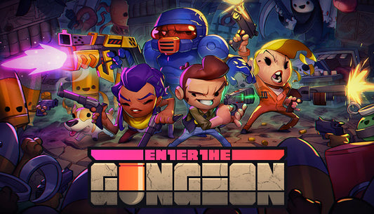 Official cover art for the roguelike bullet hell game Enter the Gungeon featuring colorful characters and weapons.