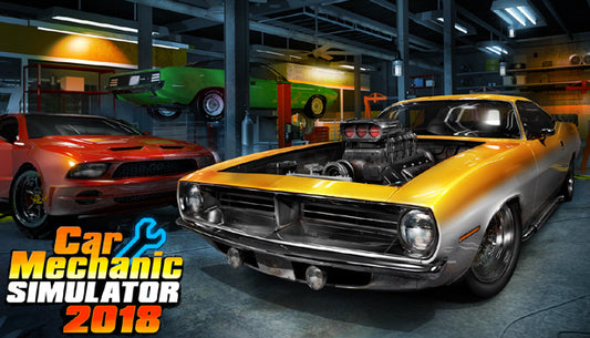 Official cover art for Car Mechanic Simulator 2018 showing a detailed car engine being repaired in a professional garage.