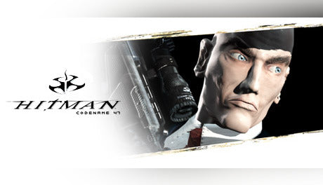 Official cover art for the stealth action game Hitman: Codename 47 featuring Agent 47 in a suit with a silenced pistol.