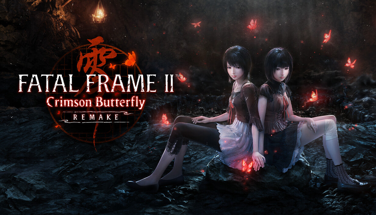 Cover art for FATAL FRAME II: Crimson Butterfly REMAKE featuring twin sisters sitting back-to-back in a dark, haunting cavern surrounded by glowing red spirits and butterflies.