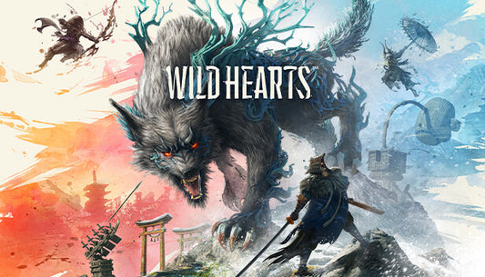 Official cover art for the action RPG WILD HEARTS showing a giant wolf-like creature made of ice and nature.