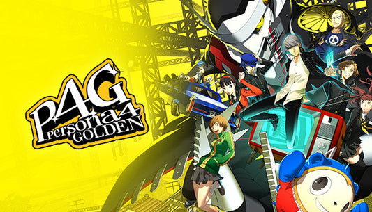 Official cover art for the JRPG Persona 4 Golden featuring the main cast of characters against a vibrant yellow background.