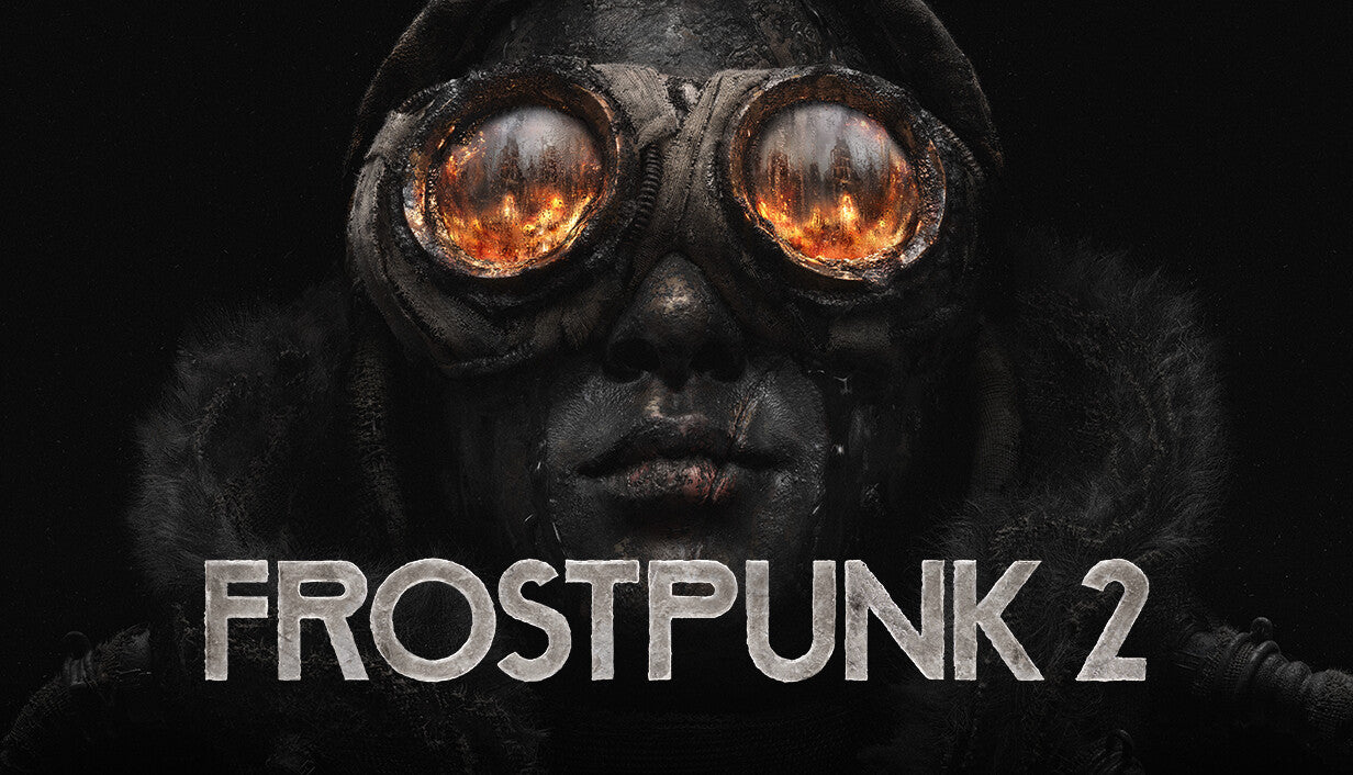 Official cover art for the strategy game Frostpunk 2 featuring a frozen, metallic face covered in oil and snow.